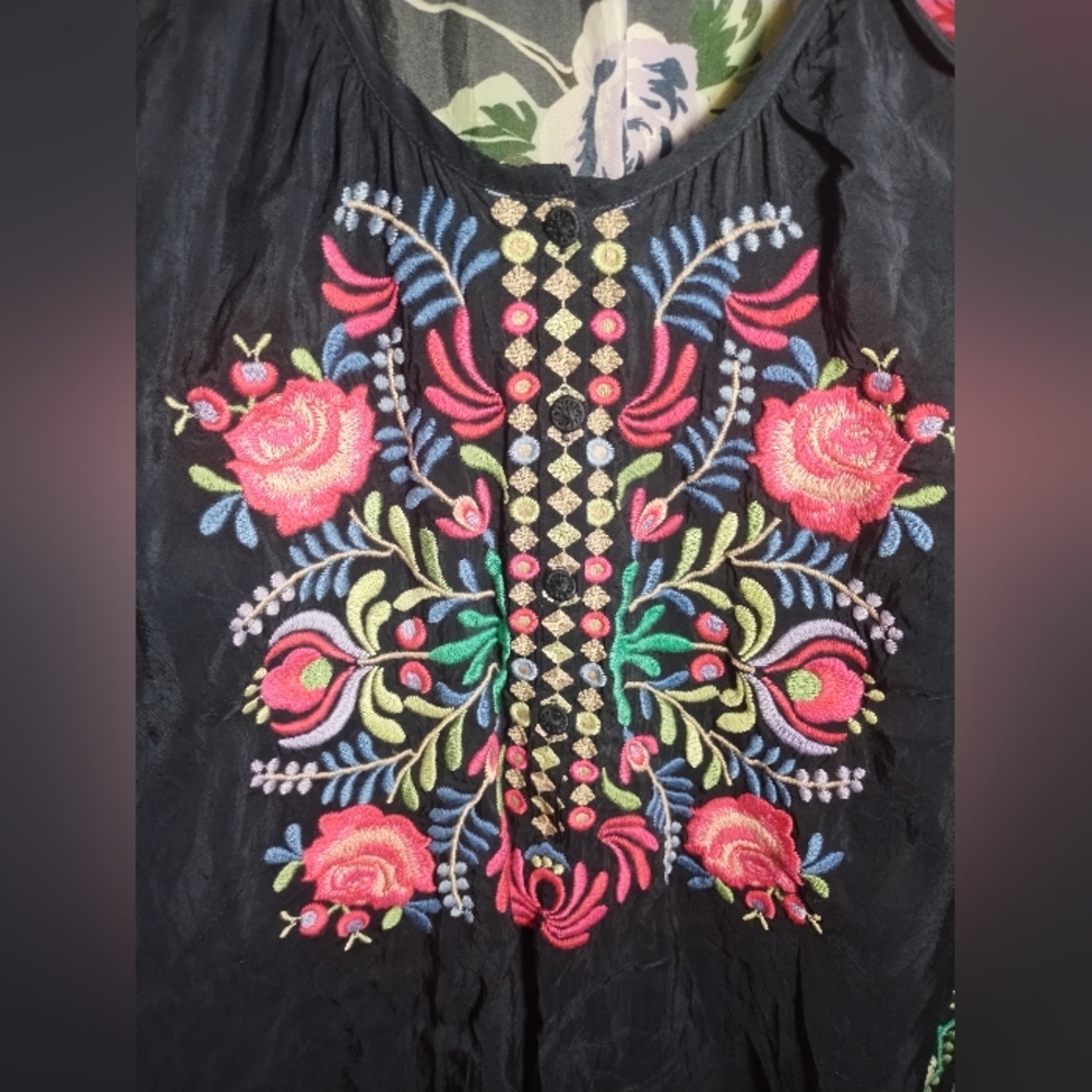 Johnny Was Navy Embroidered Floral Tunic with Pink & Purple Accents - Picture 7 of 16
